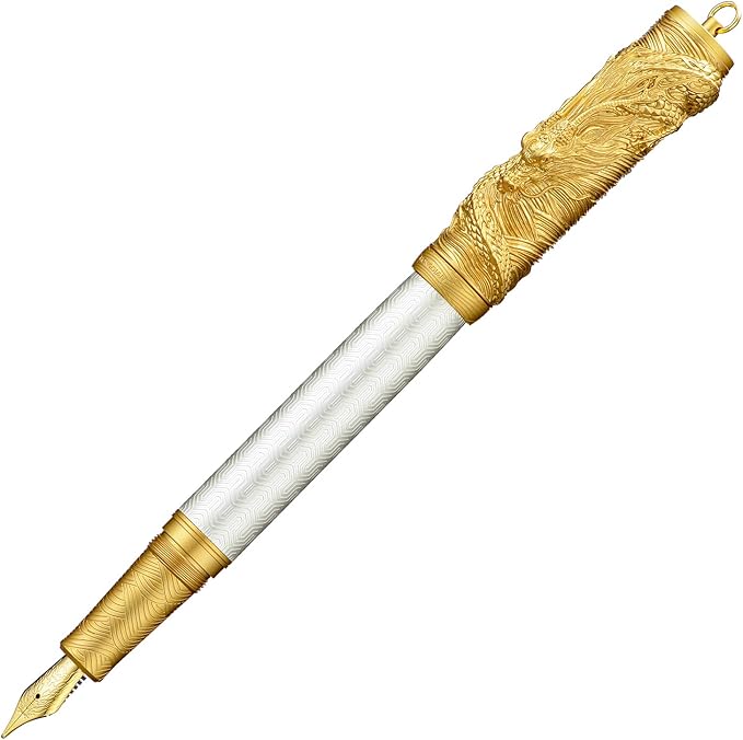 Hongdian A24 Fountain Pen Fine Nib, Snow White & Golden Dragon Stereoscopic Carving Cap Design-DeskLoop Office