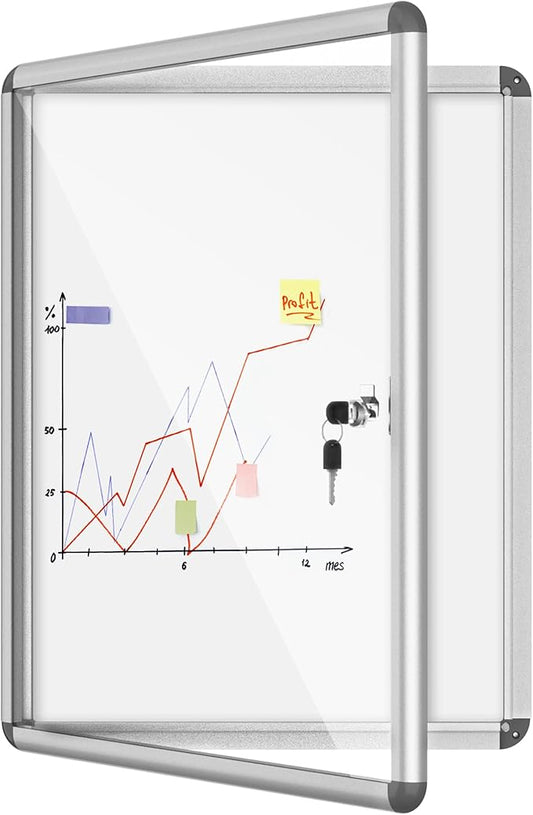 26"x20" Enclosed Bulletin Board, Lockable Weather-Resistant Aluminum Noticeboard for School & Office, Silver Frame w/Magentic Whiteboard-DeskLoop Office