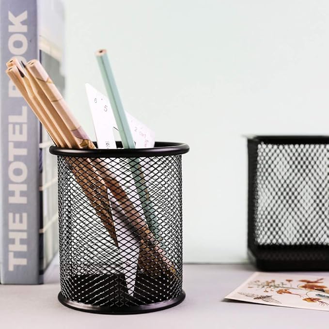 Ameceres 4 Packs Wire Mesh Pencil Holder Metal Pen Cup Desk Pen Organizer Case Pencil Jar Black for Office Home (DeepPink)-DeskLoop Office