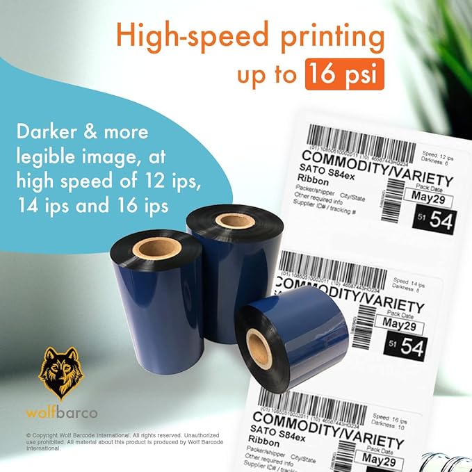 12 Rolls Wolfbarco 8.66" x 1476' (220mm x 450m) Black Premium Resin-Enhanced Wax Thermal Transfer Ribbon Compatible with Zebra,TEC, INTERMEC,Citizen,TSC,GODEX,ARGOX Printers