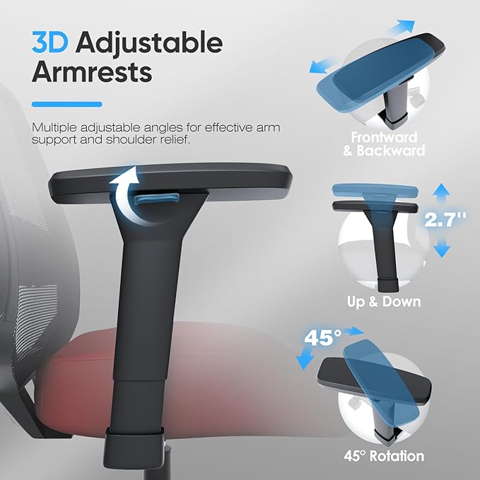 Ergonomic Office Chair, Mesh Computer Desk Chairs with Adjustable Lumbar Support, 3D Armrests, Tilt Function, Comfy Wide Seat, Swivel Executive Work Task Chair for Company and Home-DeskLoop Office