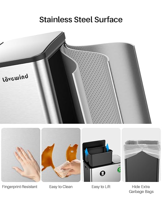 Dual Trash and Recycling Bins for Kitchen, 13.2 + 5.2 Gal (50+20L) Stainless Steel Trash and Recycle Bin Combo with Soft-Close Lid, Large Garbage Cans for Kitchen Home with 2 Magnets Sticker, Silver-DeskLoop Office