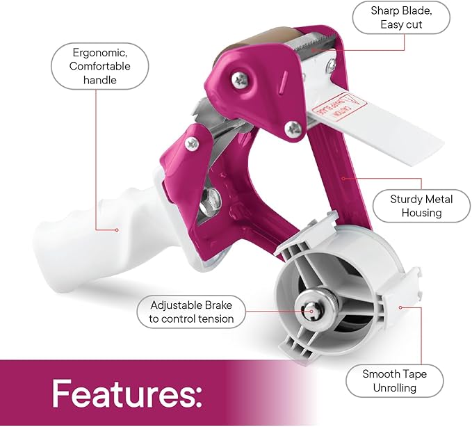 Heavy Duty Metal Frame Tape Gun - 3" Core with Special Ergonomic Handle - Packing Tape Dispenser with Premium Tempered Steel Blade for 2" Tape Rolls-DeskLoop Office