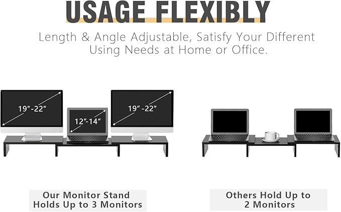TAVR Dual Monitor Stand Riser Office Desktop Organizer Stand for 2 Monitors, Adjustable Length and Angle 3 Shelf, Extra Long Multifunctional Stand up to 43.3" fit Computer, Laptop, TV, Black-DeskLoop Office