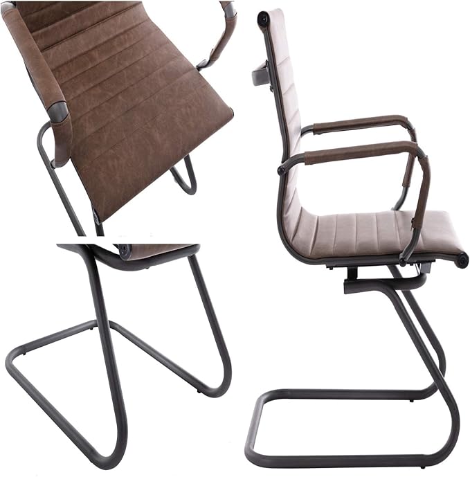 Office Desk Chair No Wheels Set of 4 PU Leather Computer Chairs Mid Back Guest Chairs for School Reception Conference Waiting Room, Vintage Brown-DeskLoop Office