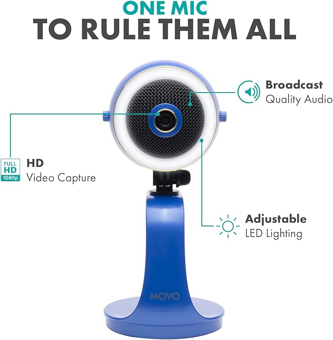 Movo WebMic HD Pro All-in-One Webcam with Mic and Ring Light in Royal Blue- 1080p HD Camera, Pro Cardioid Condenser Microphone, LED Ring Light - HD Webcam for Streaming, Video Calls, Recording, Gaming-DeskLoop Office