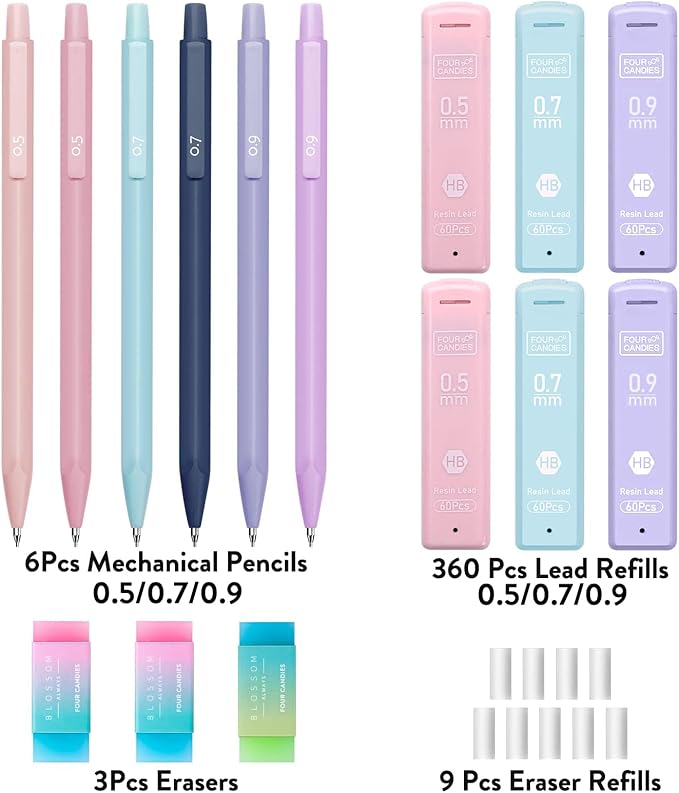Four Candies Cute Mechanical Pencil Set, 6PCS Pastel Mechanical Pencils 0.5 mm & 0.7mm & 0.9mm with 360PCS Leads, 3PCS Erasers and 9PCS Eraser Refills, Aesthetic Pencils for Girls Writing, Art Drawing-DeskLoop Office
