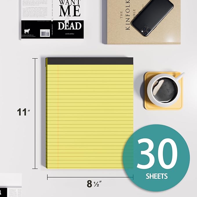 Legal Pads 8.5 x 11, 6 Pack Yellow Note Pads 8.5 x 11 Writing Pads, Wide Ruled Legal Notepads, Lined Pads of Paper Yellow Paper Pads, 30 Sheets Per Notepad for School, Home, Office, Business