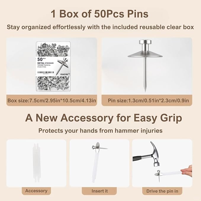 50pcs Silver Thumb Tacks for Wall Picture Hangers Heavy Duty Push pins for Wall Double Headed thumbtacks for Hanging Metal Wall Tacks Wall pins Nails Hooks (Silver)-DeskLoop Office