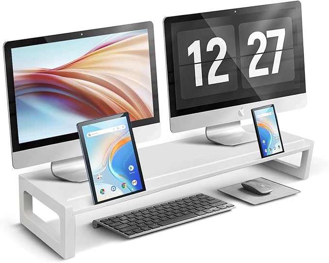 Dual Monitor Stand Riser – 28-Inch Computer Monitor Stand with Multifunctional Slot for 2 Monitors, Multi-Purpose Desktop Storage for Laptop, Printer, TV-DeskLoop Office