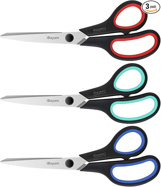 3-Pack 8" Heavy Duty Scissors with Ultra Sharp Blades and Comfort Grip Handles - For Office, Home, School, Sewing, and Crafts-DeskLoop Office