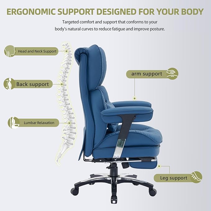 Efomao Big and Tall Office Chair with Footrest – High Back Computer Chair with Adjustable Armrests,Executive Office Chair with Wide Seat, Modern Desk Chair for Home Office, Gaming, or Study, Blue-DeskLoop Office