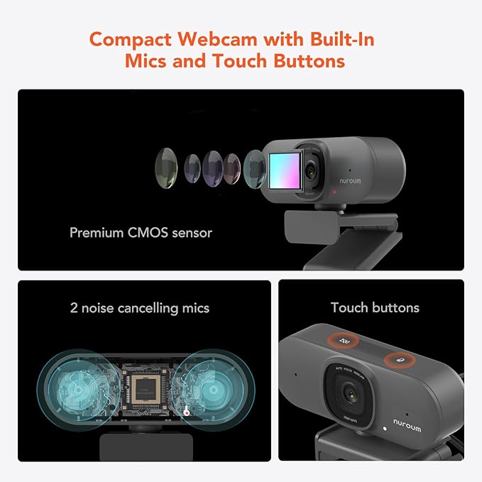 NUROUM V15AF 2K Webcam for PC, 1080P 60fps Autofocus HD Webcam with Dual Noise Cancelling Microphone, 75° FOV&Light Correction, USB Web Camera Plug&Play for Zoom/Teams,Grey-DeskLoop Office