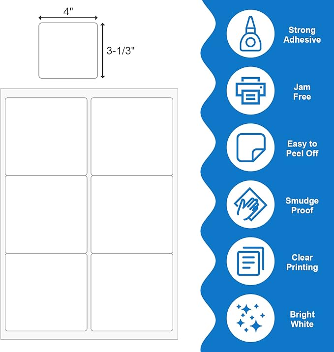 BESTEASY 3 1/3" x 4" Labels Shipping Labels for Laser Inkjet Printers, 6 Up Self Adhesive FBA Address Labels, White Matte Mailing Label Stickers (1000 Sheets, 6000 Labels)-DeskLoop Office