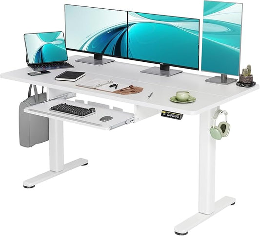 Claiks Standing Desk with Keyboard Tray, Electric Standing Desk Adjustable Height, 55x24 Inches Sit Stand up Desks with Splice Board, Raising Desks for Home Office, White-DeskLoop Office
