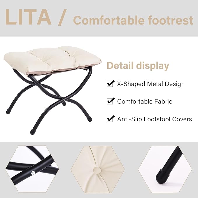 LITA Folding Upholstered Footrest Stool, Modern Small Portable Accent Ottoman with Detachable Thick Cotton Cushion Padded Sofa Stool with Metal Frame for Lazy Chair, Living Room & Bedroom, Beige-DeskLoop Office