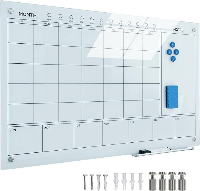 Magnetic Glass Whiteboard 36X24 Monthly Planner Calendar Dry Erase Board for Home, School, Office, Frameless, with Markers, Marker Tray, Eraser, Magnets (White)-DeskLoop Office