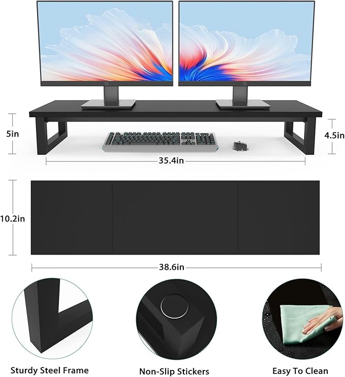 Dual Monitor Stand Riser, 39Inch Large Monitor Stands for 2 Monitors, Computer Monitor Stand, Wooden Desktop Oraganizer Shelf for Office Desk Computer,Laptop,TV-DeskLoop Office