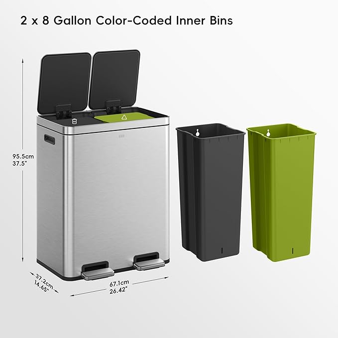 EKO Edison Dual Trash Can for Recycling and Trash, 8+8 Gallons Kitchen Garbage Can with Dual Removable Inner Liners, Independent Lids and Pedals, Matte Stainless Steel-DeskLoop Office