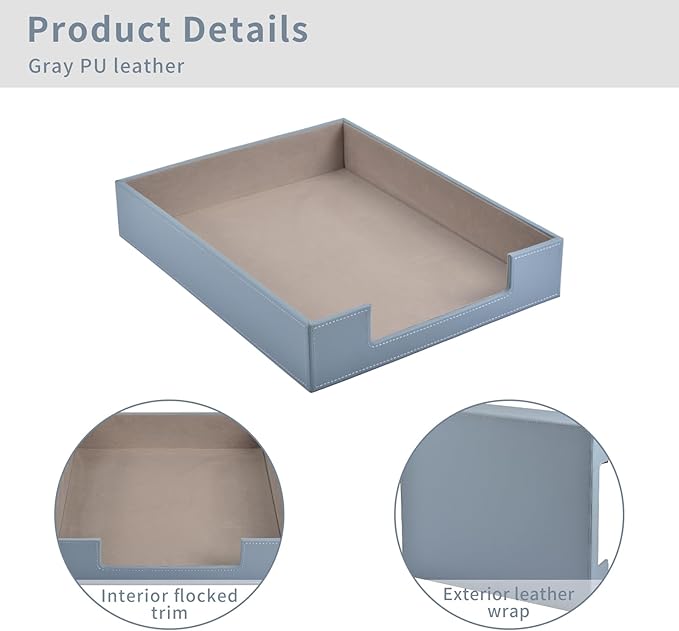 Leather Letter Tray,Stackable File Document Tray,Desk Organizer for Office Supplies,A4 Paper Case Rack,Desktop Organization,Pen Mail Magazine Storage Box (Grey)-DeskLoop Office