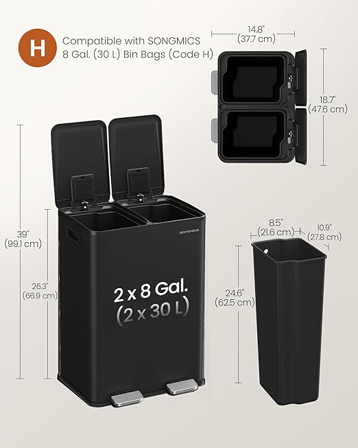 SONGMICS Trash Can, 2 x 8 Gallon (2 x 30 L) Dual-Compartment Garbage Can with Soft-Close Lid, Pedal and Inner Buckets, Stainless Steel, Includes 15 Liner Bags, Ink Black ULTB741B01-DeskLoop Office