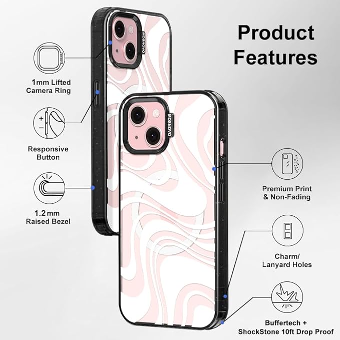 MOSNOVO Magnetic Case for iPhone 15 Plus, 10ft Military-Grade Protection, Compatible with Magsafe, Shockproof Phone Case for iPhone 15 Plus / 14 Plus - White Swirl - Clear Black-DeskLoop Office