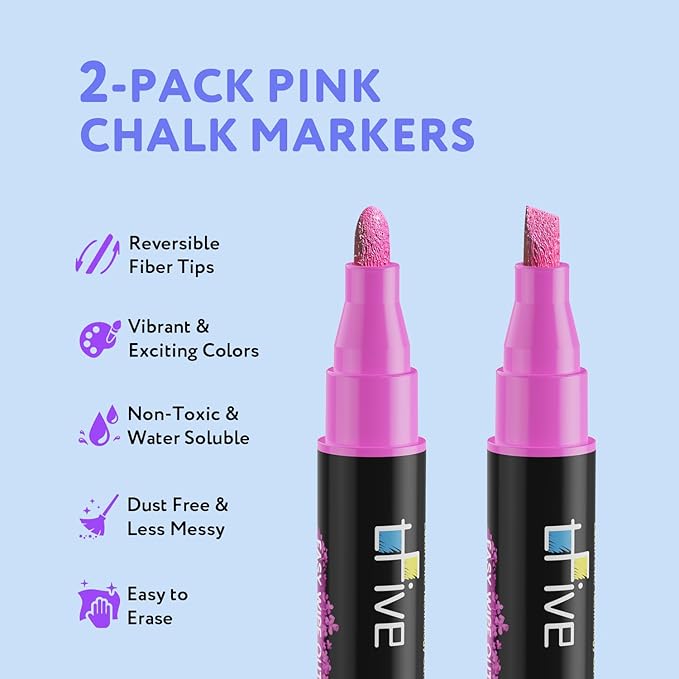 TFIVE Pink Liquid Chalk Markers - 2 Pack Bright Colors Erasable Chalk Marker Pens, Reversible Tip, Non-Toxic, for Chalkboards, Signs, Glass, Easy to use Chalk markers TF800-DeskLoop Office