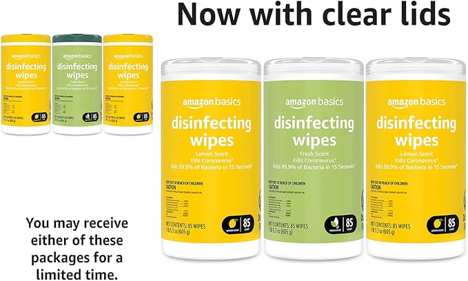 Amazon Basics Wipes, Lemon & Fresh Scent, Sanitizes, Cleans & Deodorizes, 255 Count (3 Packs of 85)-DeskLoop Office