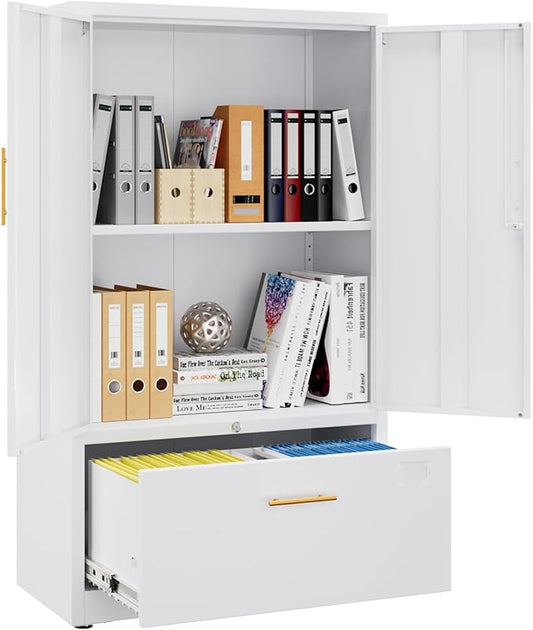 1 Drawer Lateral File Cabinet with Lock, Metal Filing Storage Cabinet with Locking Doors and Adjustable Shelf for Home, Office, School, Fits A4/Letter/Legal Size Folders, White-DeskLoop Office