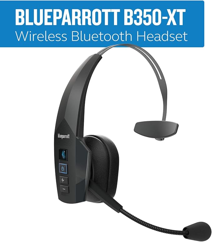 BlueParrott B350-XT Mono Bluetooth Wireless Headphones 96% Noise Canceling Over Head Trucker Headset with Mic, Adjustable Lightweight Headband, IP54-Rated Protection, 24 hrs. Talk Time, Black-DeskLoop Office