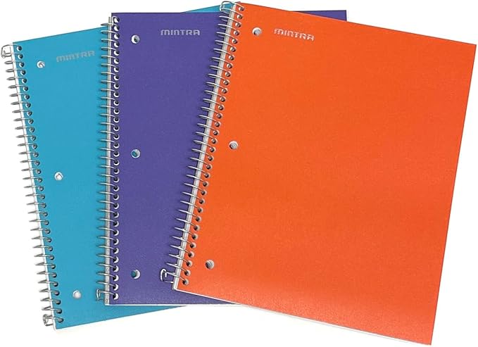 Mintra Office Durable Spiral Notebooks, 1 Subject, (Teal, Purple, Orange, Wide Ruled 3pk)