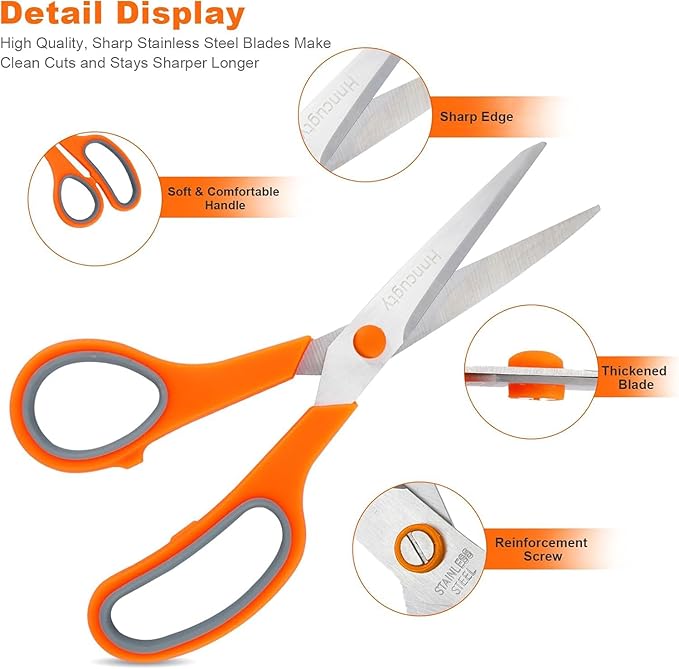 Scissors, Hnncugty 8" Scissors All Purpose Bulk Set of 18-Pack, Sharp Shears for Office Home Craft Sewing Fabric, High/Middle School Supplies Student Teacher Supplies, Comfort Grip Right/Left Handed-DeskLoop Office