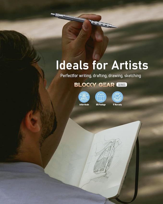 Nicpro Blocky Gear 0.5 mm & 0.7 mm Mechanical Pencils Set in Case, Metal Pencil with 6 Tube Lead Refills, Eraser, Eraser Refills for Professional & Adult Art Writing Drafting Drawing Sketching-DeskLoop Office