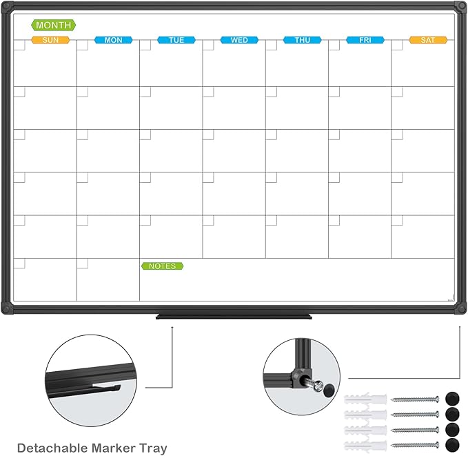 JILoffice Dry Erase Calendar Whiteboard - Magnetic White Board Calendar Monthly 36 X 24 Inch, Black Aluminum Frame Wall Mounted Board for Office Home and School-DeskLoop Office