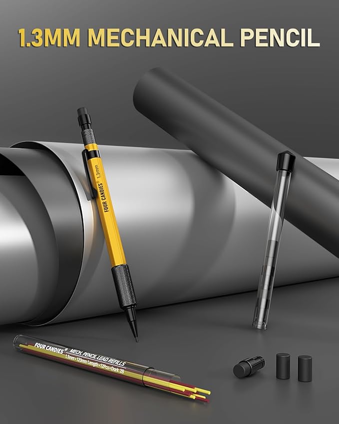 Four Candies 1.3mm Mechanical Pencil Set with 24 Lead Refills, Metal Weatherproof Heavy Duty Outdoor Carpenter Pencil, Eraser, 6 Eraser Refills for Architect Drafting Woodworking Marking with Case-DeskLoop Office
