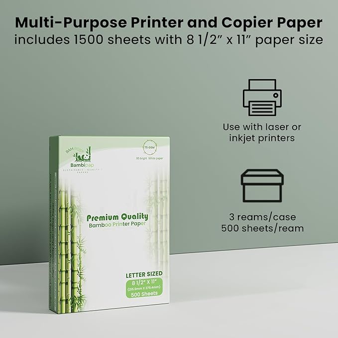 Bamboo Printer Paper - 8 1/2” x 11”- 20LB Multipurpose White Paper - Made from Bamboo Fiber, Renewable Resources, Zero Trees Used - 3 reams (1500 Sheets)-DeskLoop Office