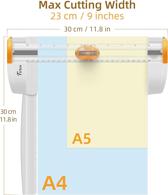 Firbon 3-in-1 Paper Cutter, 9" Compact A5 Paper Trimmer with Straight Cut, Scoring & Perforating Blades for Cardstock, Scrapbooking, Crafting, Labels & Home Office (Orange)-DeskLoop Office