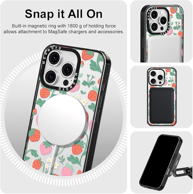MOSNOVO Magnetic Case for iPhone 16 Pro, 10ft Military-Grade Protection, Compatible with Magsafe, Shockproof Phone Case for iPhone 16 Pro - Strawberry Garden - Clear Black-DeskLoop Office