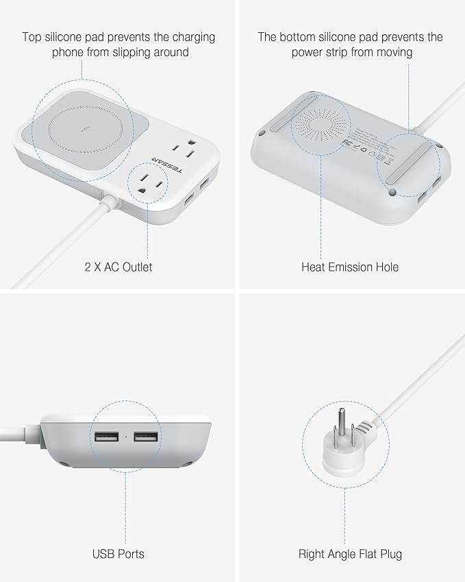 Wireless Charger Small Power Strip 2 USB A Ports, TESSAN Mini Flat Plug Nightstand Desktop Charging Station with 2 Outlet 4 ft Extension Cord, Compatible with iPhone and Samsung for Dorm Room Cruise