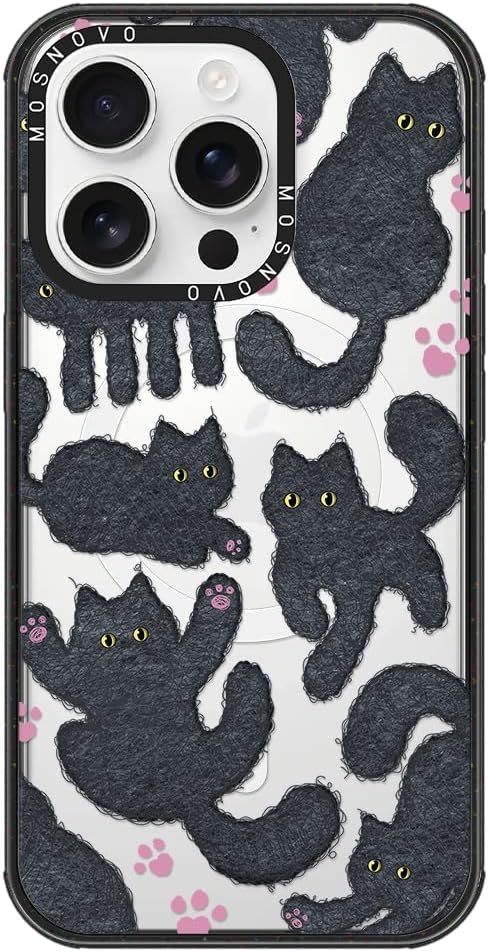 MOSNOVO Magnetic Case for iPhone 16 Pro, 10ft Military-Grade Protection, Compatible with Magsafe, Shockproof Phone Case for iPhone 16 Pro - Black Fluffy Cat - Clear Black-DeskLoop Office