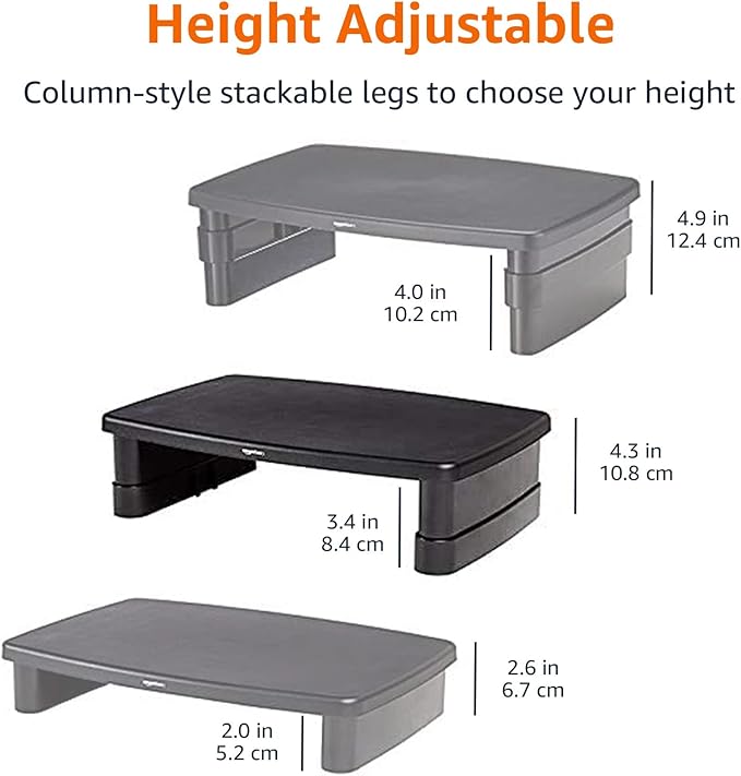 Amazon Basics Height Adjustable Rectangular Computer Monitor Riser Desk Stand with Storage for Reduced Neck Strain - Fits Monitors, Laptops Up to 22lbs, Black-DeskLoop Office