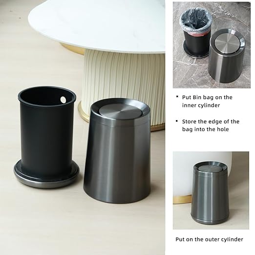 10 L/2.6Gallen,Swing Lid Trash Can,Brushed Stainless Steel Garbage Can with Flipping Lid,for Bathroom, Kitchen,Living Room,Bedroom,Hotel (Black Gold)-DeskLoop Office