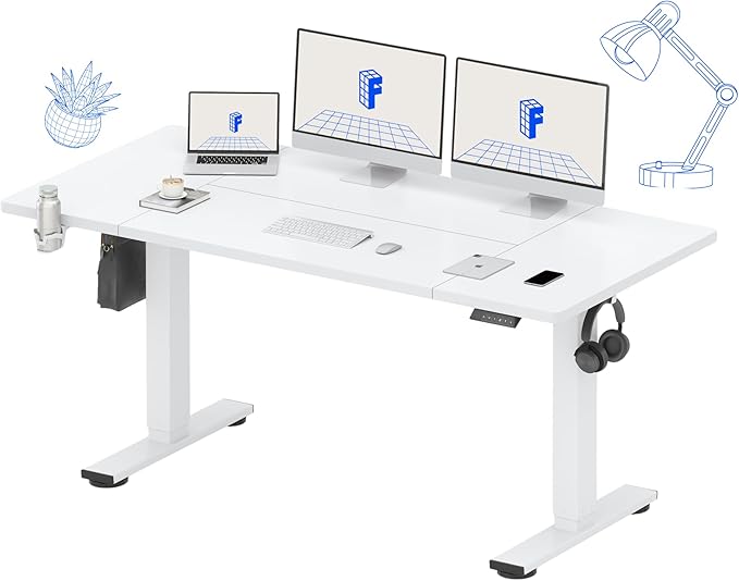 FLEXISPOT 63 x 32 Inch Large Standing Desk, Stand Up Desk with Splice Board, Rising Desks for Home Office, Office Desk with Cup Holder and Headphone Hook (White Frame + White Top, 2 Packages)-DeskLoop Office