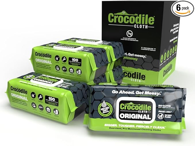 Crocodile Cloth Original Cleaning Wipes, 600 Count (6 Packs of 100) – Heavy-Duty 15” x 10” Multi-Surface Shop Wipes, Water-Based, Safe on Skin, Cuts Grease, Grime & Dirt-DeskLoop Office