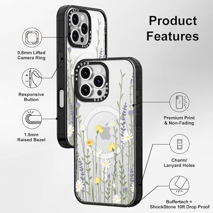 MOSNOVO Magnetic Case for iPhone 16 Pro Max, 10ft Military-Grade Protection, Compatible with Magsafe, Shockproof Phone Case for iPhone 16 Pro Max - Wild Meadow - Clear Black-DeskLoop Office