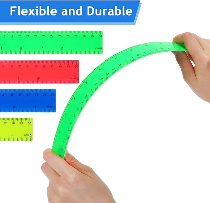 Zonon 100 Pcs 12 Inch Plastic Ruler Assorted Colors Rulers with Centimeters Millimeter and Inches Shatterproof Straightedge Bulk for Classroom School Home Office Kids(Plastic,Yellow, Green, Blue, Red)-DeskLoop Office