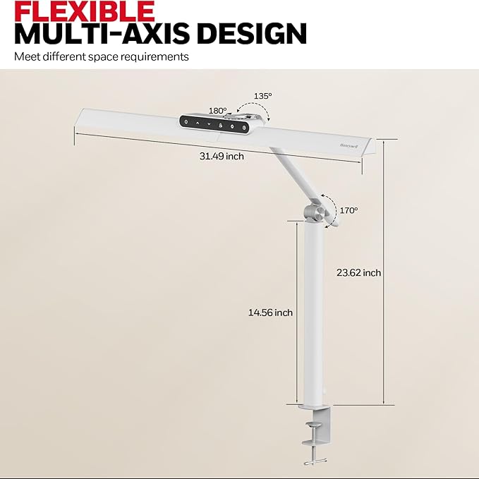 Honeywell LED Desk Lamp with Clamp - HJ1 Sunturalux Eye-Caring Clip on Lights for Home Office, 1200LM Clamp Lamp 4 Color Modes Stepless Dimming Task Desk Light for Working White-DeskLoop Office