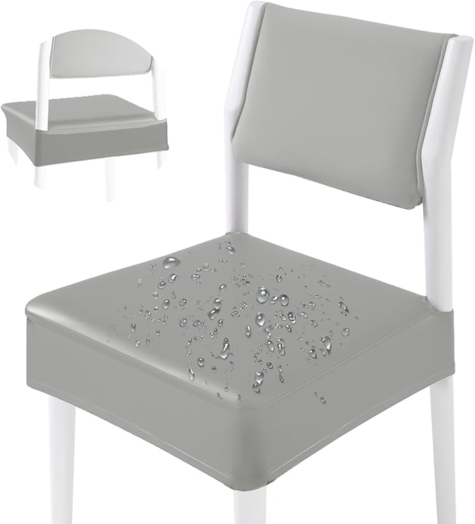CWK Waterproof PU Leather Dining Chair Covers Set of 1-Stretchable Chair Seat Slipcovers, Removable & Washable Protector for Dining Room,Home,Office,Wedding,Rear Covers (PU-Silver)-DeskLoop Office