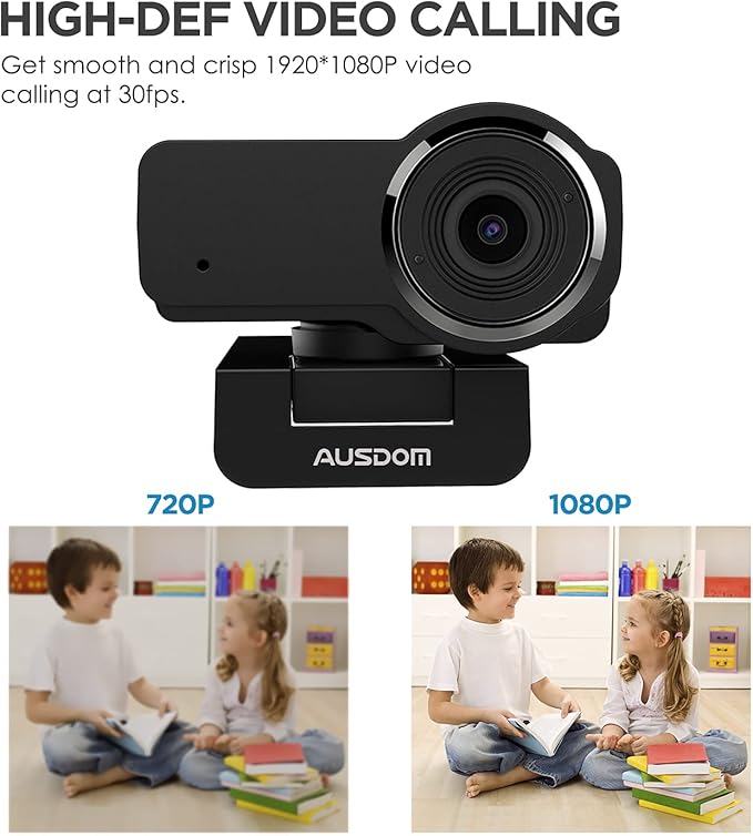 AUSDOM AW635 HD 1080p Webcam with Microphone, Plug & Play USB Streaming Webcam 60° Wide Angle with Low Light Correction for PC Mac Computer Laptop Online Class Zoom Webex Skype Google Meet Teams-DeskLoop Office