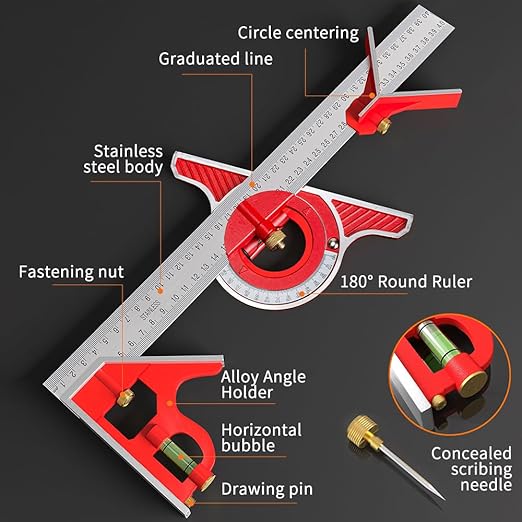 BAUSATZ Combination Square 400mm Carpenter Square Woodworking Square Ruler Protractor Angle Finder Combo Square Tool 180° Angle Ruler Carpenter Tool Combination Square Set with Bubble Level-DeskLoop Office